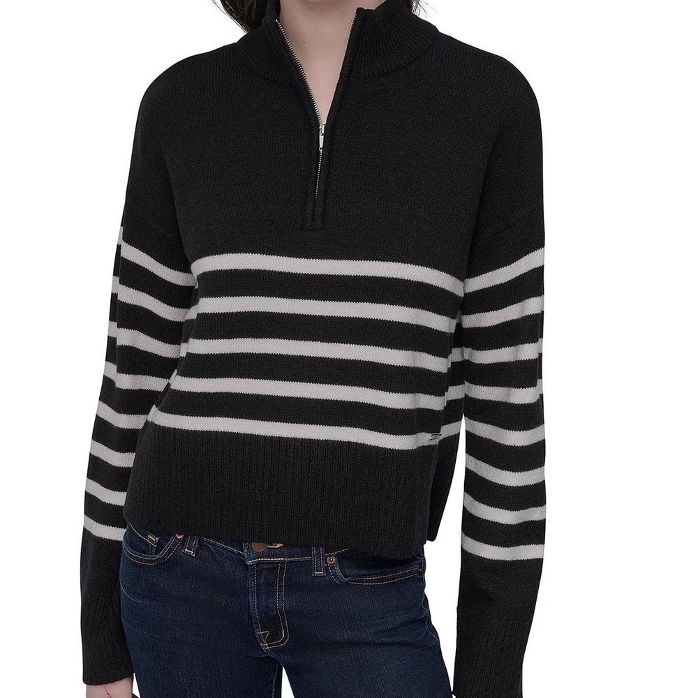 DKNY Womens Striped Quarter Zip Sweater‎ Black White Knit Pullover Small